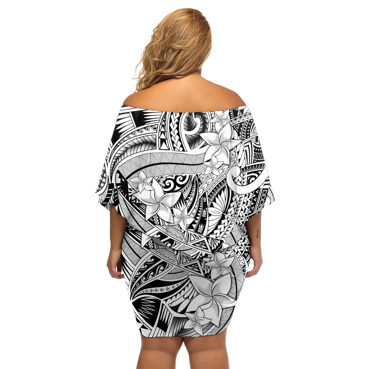 Polynesia Off Shoulder Short Dress Tribal Polynesian Spirit With White Pacific Flowers LT9 - Polynesian Pride