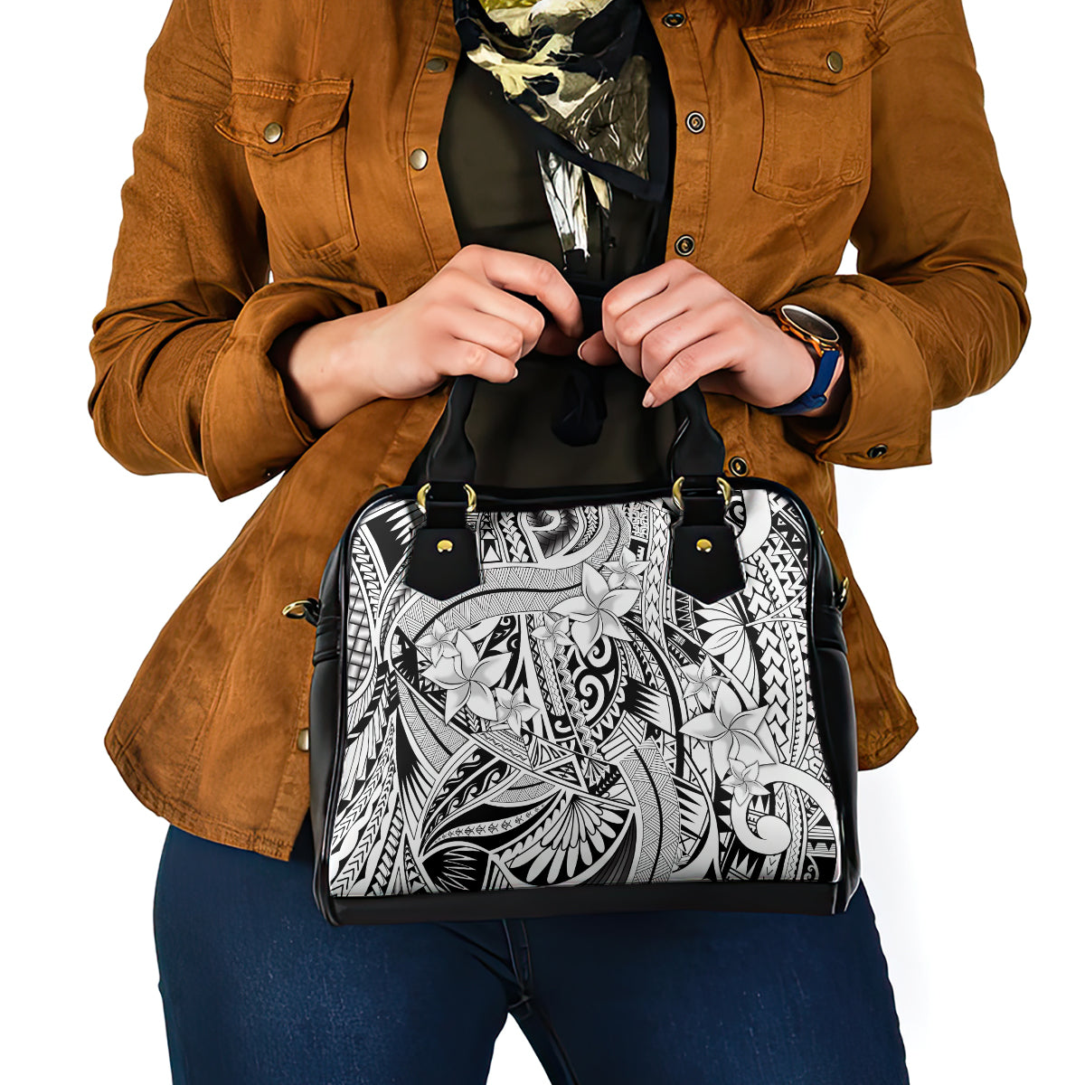 Polynesia Shoulder Handbag Tribal Polynesian Spirit With White Pacific Flowers LT9 - Polynesian Pride