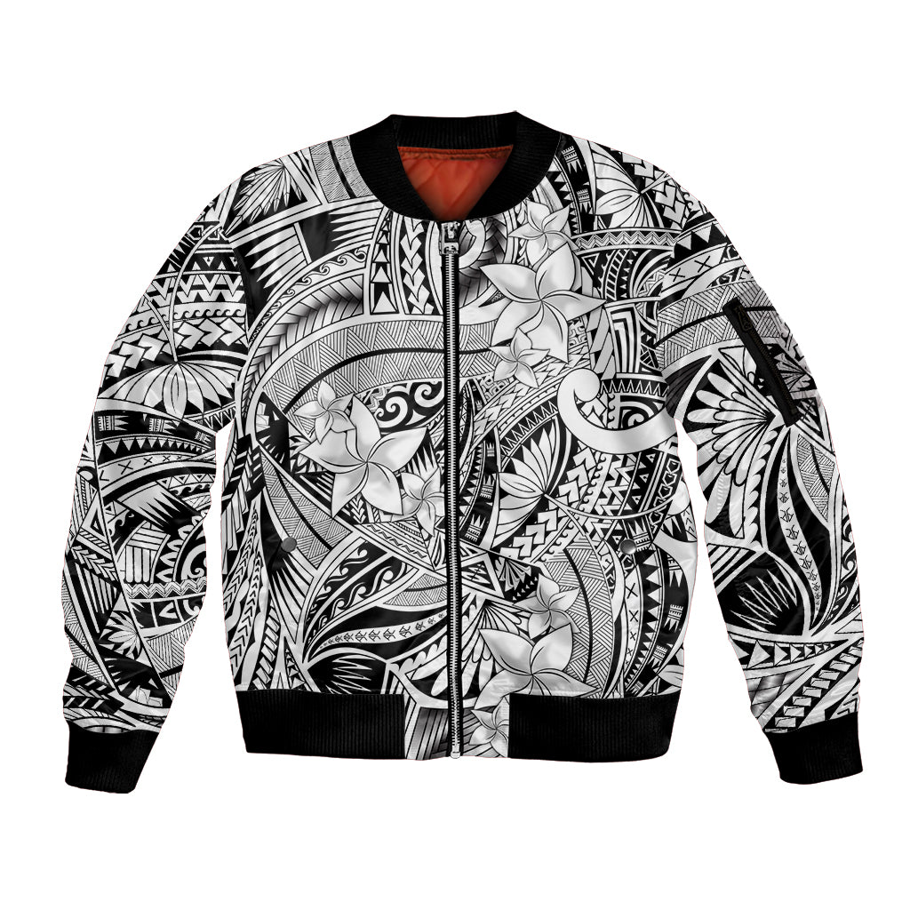 Polynesia Sleeve Zip Bomber Jacket Tribal Polynesian Spirit With White Pacific Flowers LT9 Unisex White - Polynesian Pride