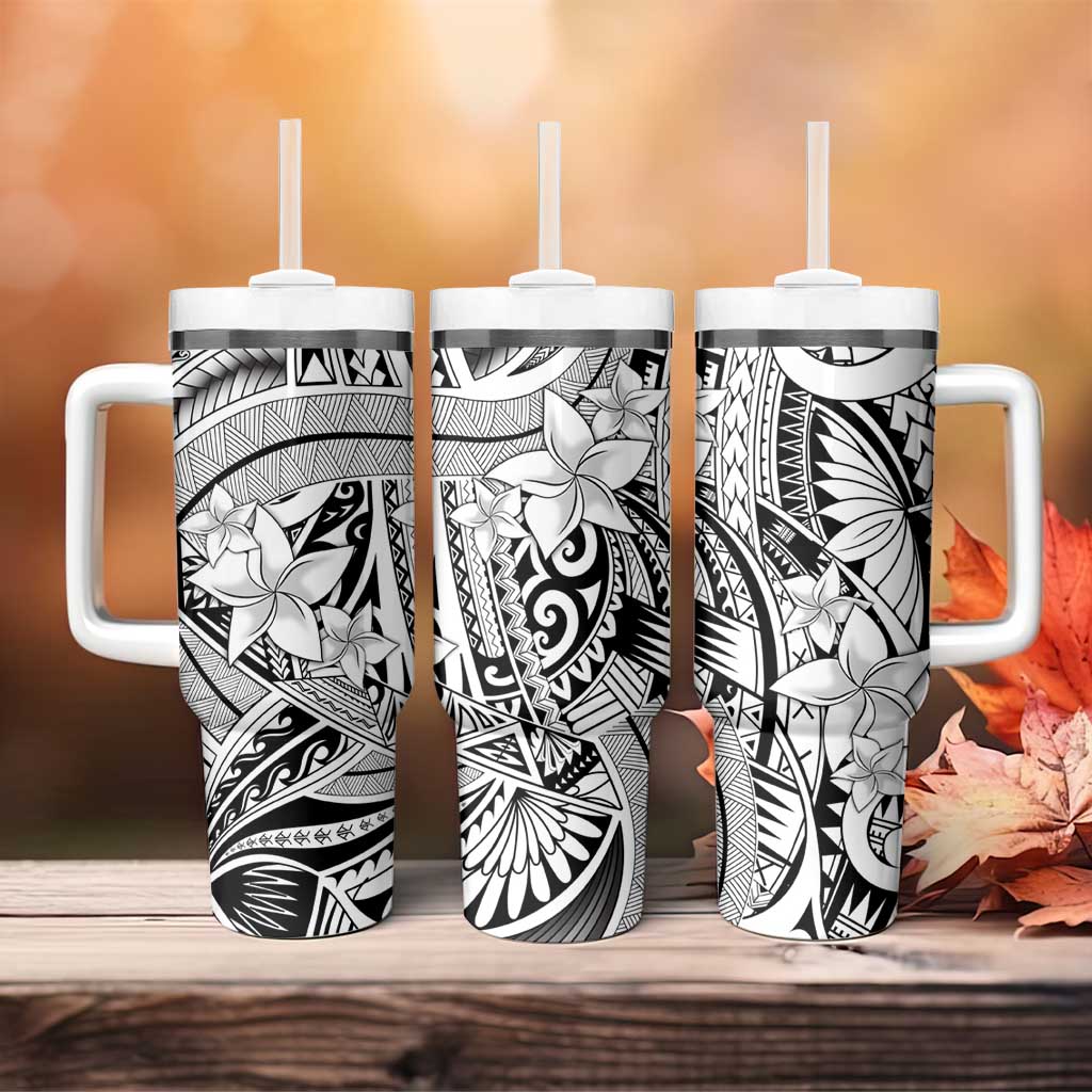 White Pacific Flowers Tribal Polynesian Spirit Tumbler With Handle