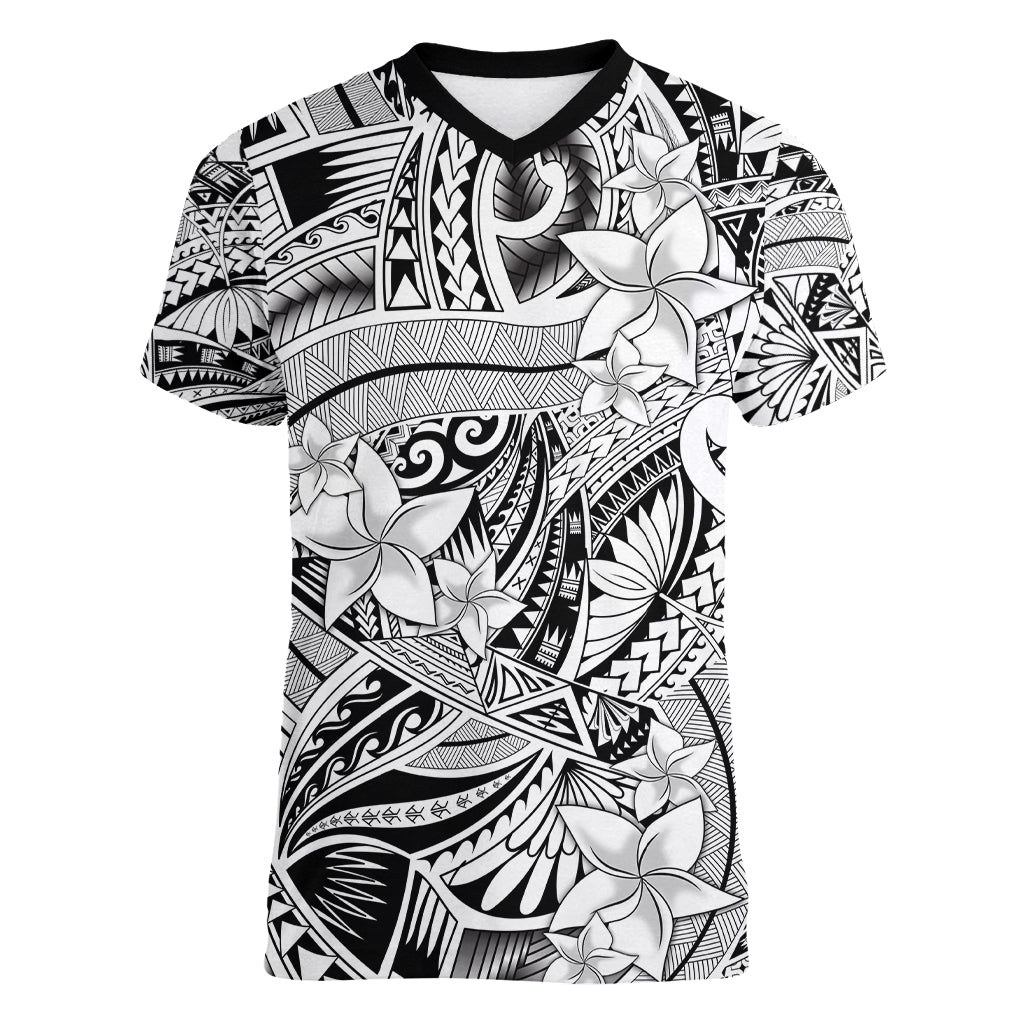 Polynesia Women V Neck T Shirt Tribal Polynesian Spirit With White Pacific Flowers LT9 Female White - Polynesian Pride