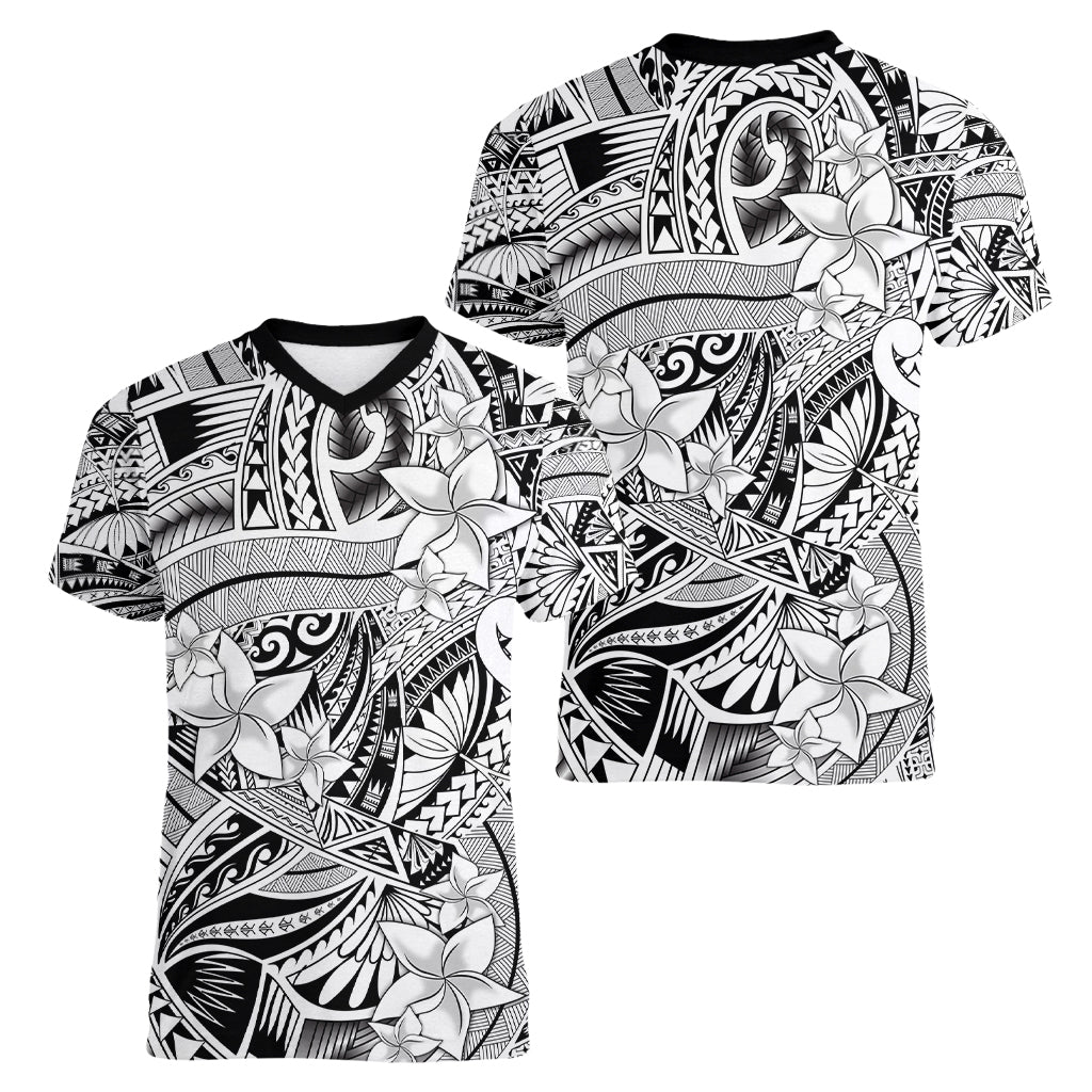 Polynesia Women V Neck T Shirt Tribal Polynesian Spirit With White Pacific Flowers LT9 - Polynesian Pride