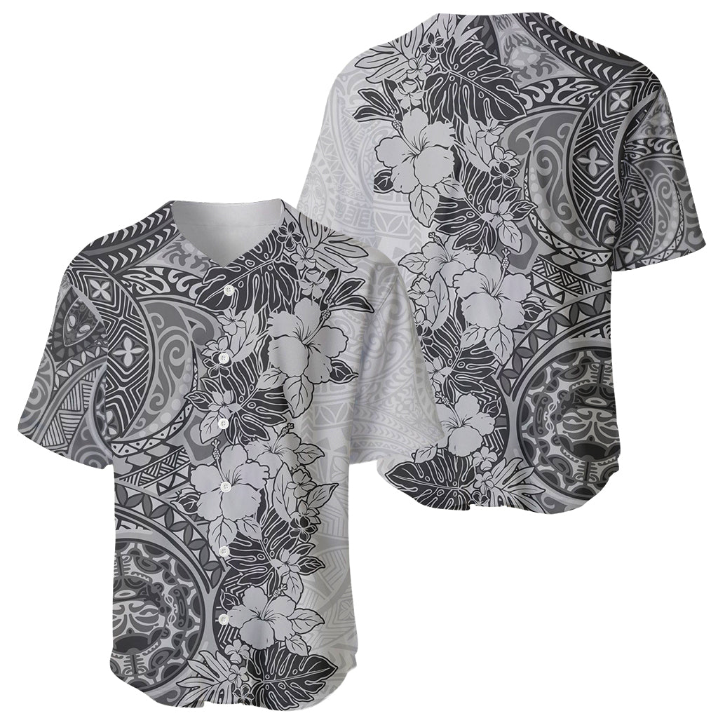 Polynesia Baseball Jersey Hibiscus and Hawaiian Tribal Tattoo Retro Style Gray Color LT9 - Polynesian Pride