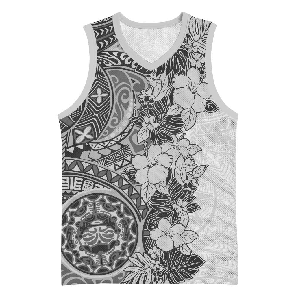 Polynesia Basketball Jersey Hibiscus Hawaiian Tribal Tattoo Retro Gray - Polynesian Pride