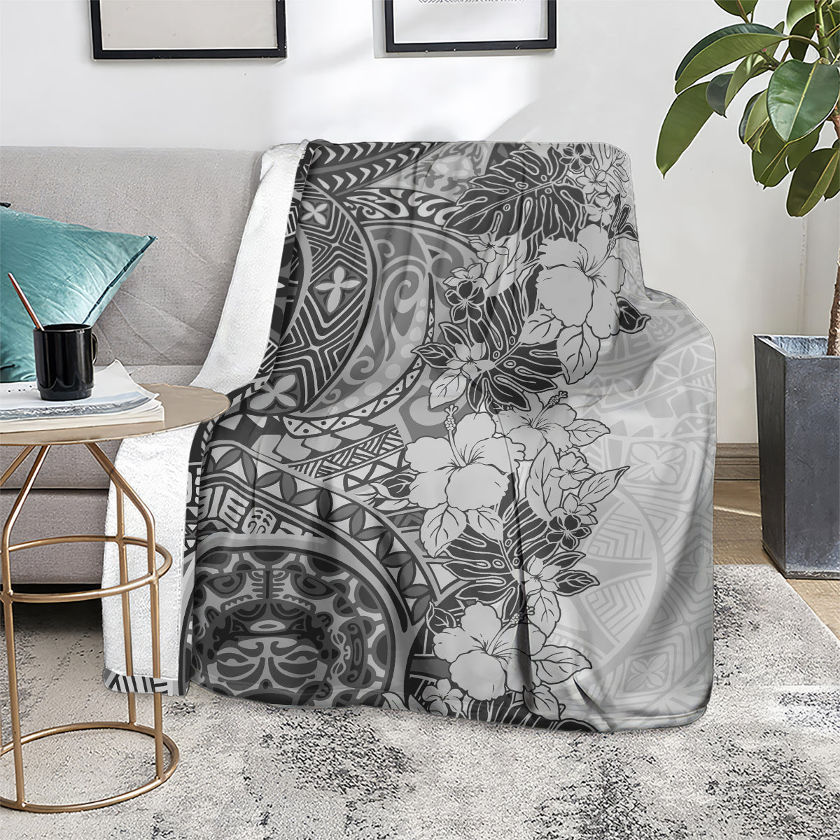Polynesia Blanket Hibiscus and Hawaiian Tribal Tattoo Retro Style Gray Color LT9 - Polynesian Pride