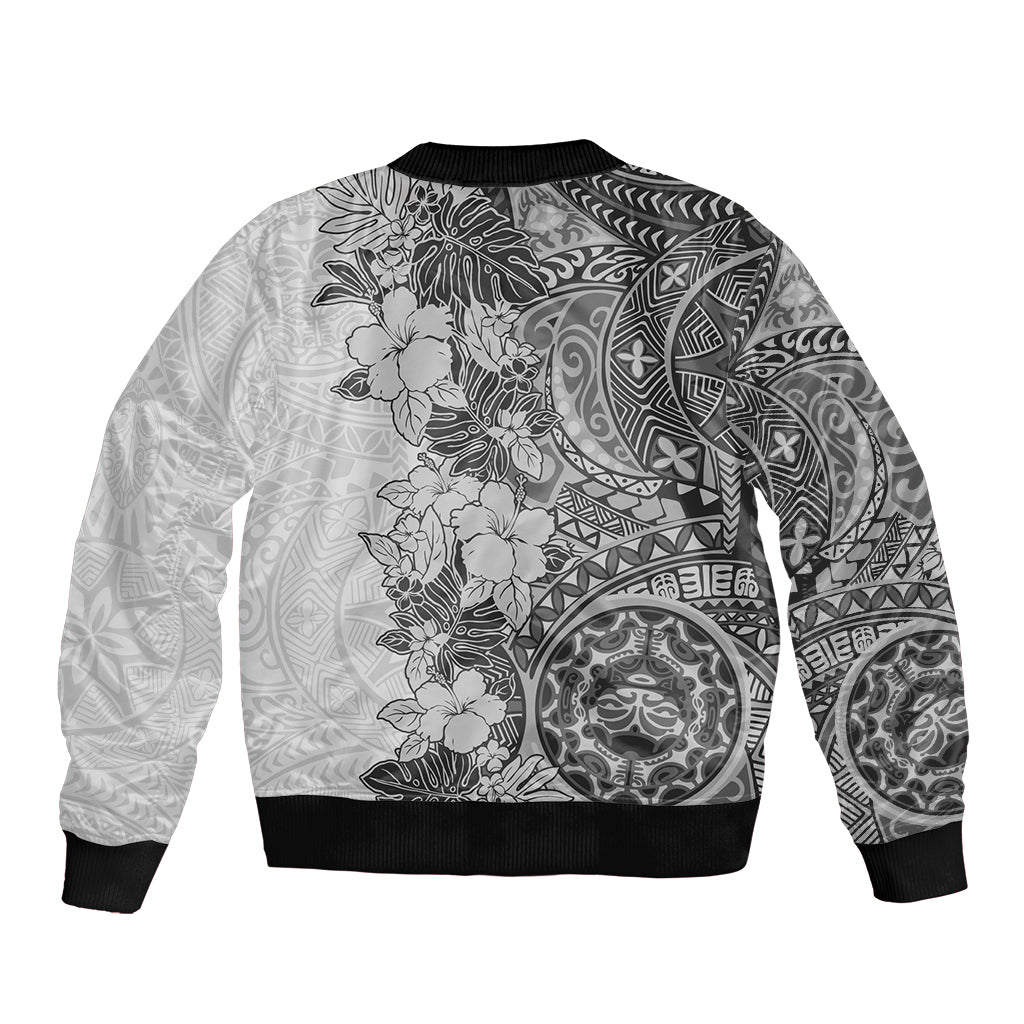 Polynesia Bomber Jacket Hibiscus and Hawaiian Tribal Tattoo Retro Style Gray Color LT9 - Polynesian Pride