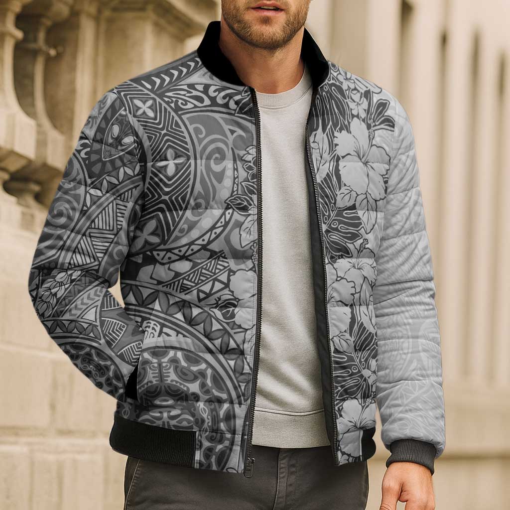 Polynesia Bomber Puffer Jacket Hibiscus Hawaiian Tribal Tattoo Retro Gray - Polynesian Pride