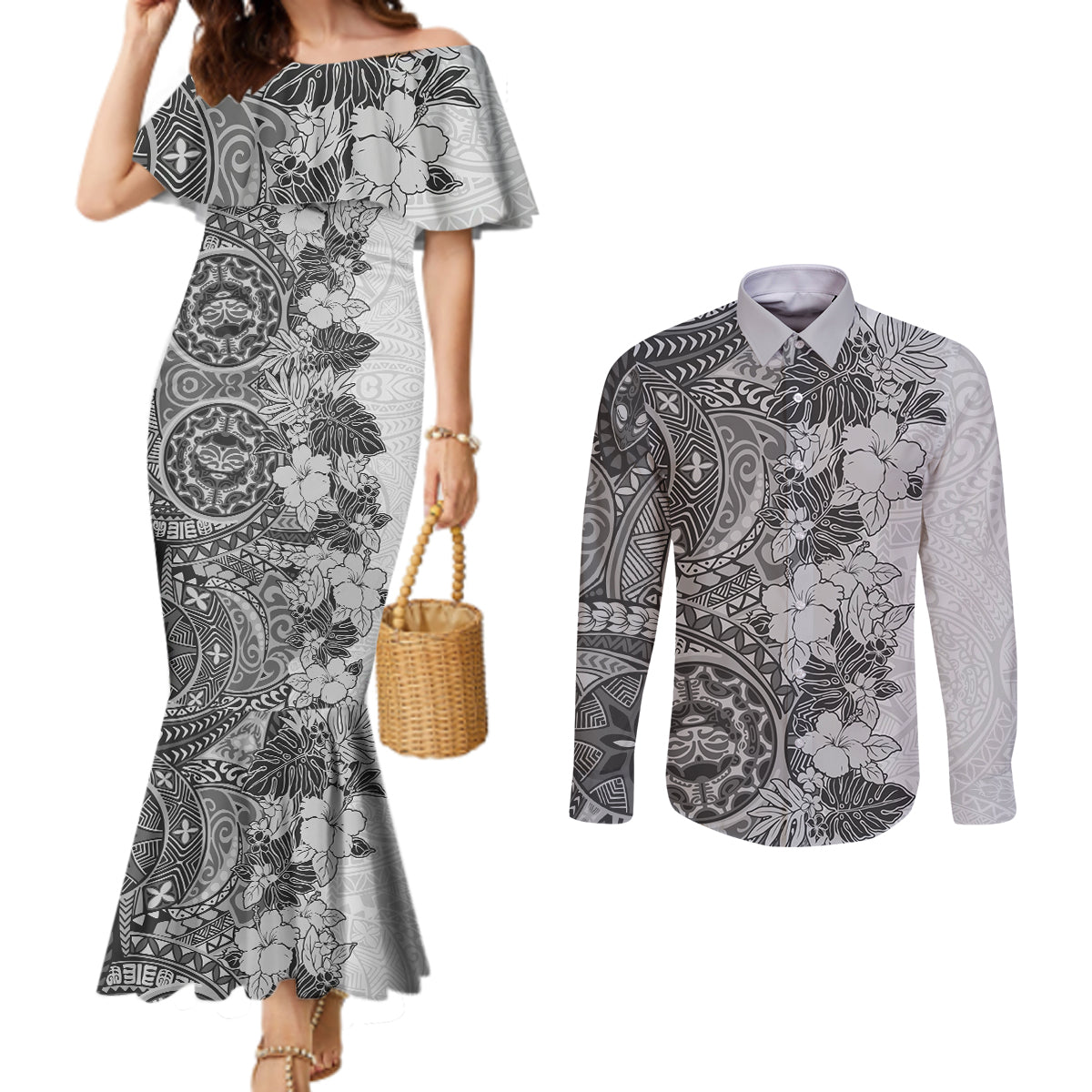 Polynesia Couples Matching Mermaid Dress and Long Sleeve Button Shirt Hibiscus and Hawaiian Tribal Tattoo Retro Style Gray Color LT9 Gray - Polynesian Pride