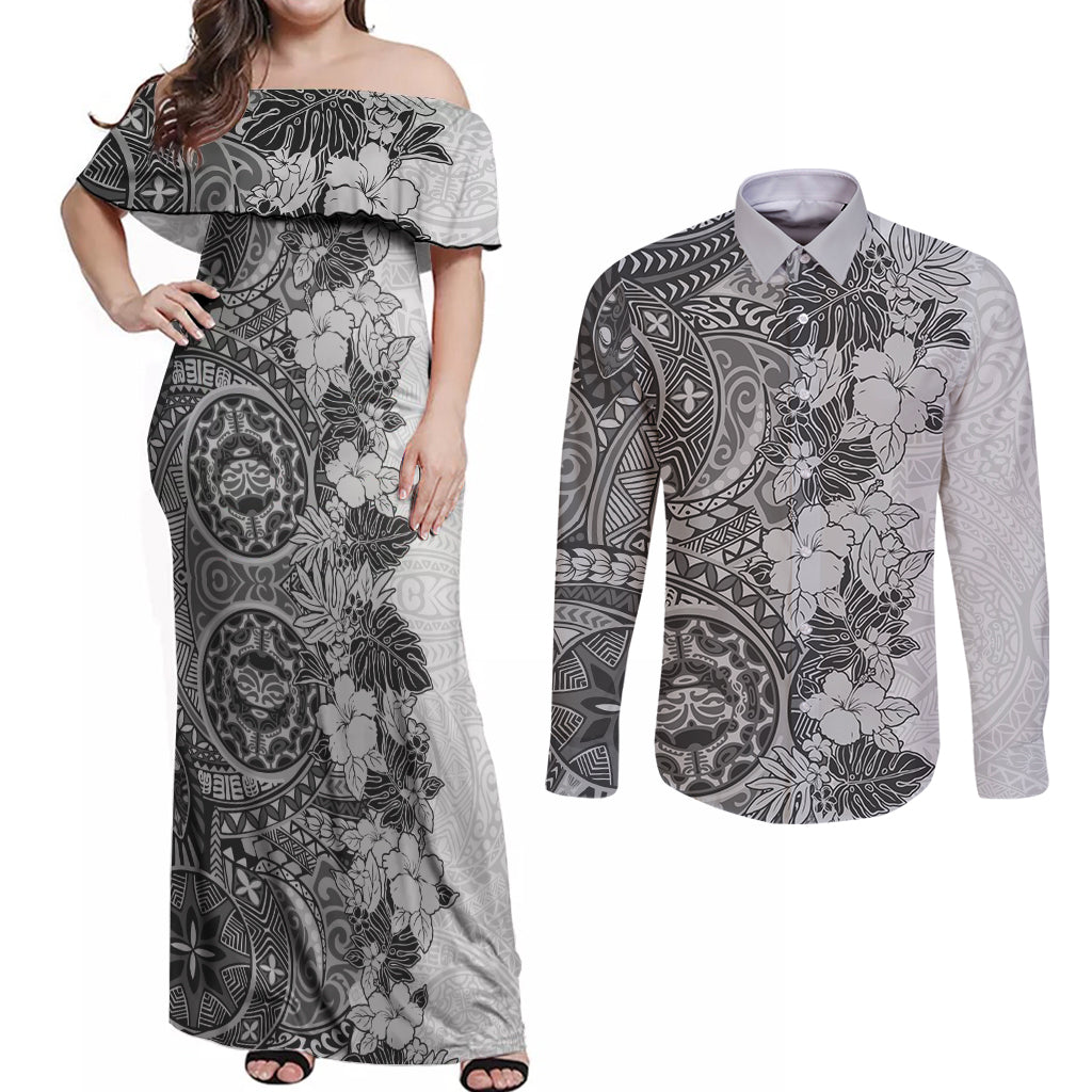 Polynesia Couples Matching Off Shoulder Maxi Dress and Long Sleeve Button Shirt Hibiscus and Hawaiian Tribal Tattoo Retro Style Gray Color LT9 Gray - Polynesian Pride