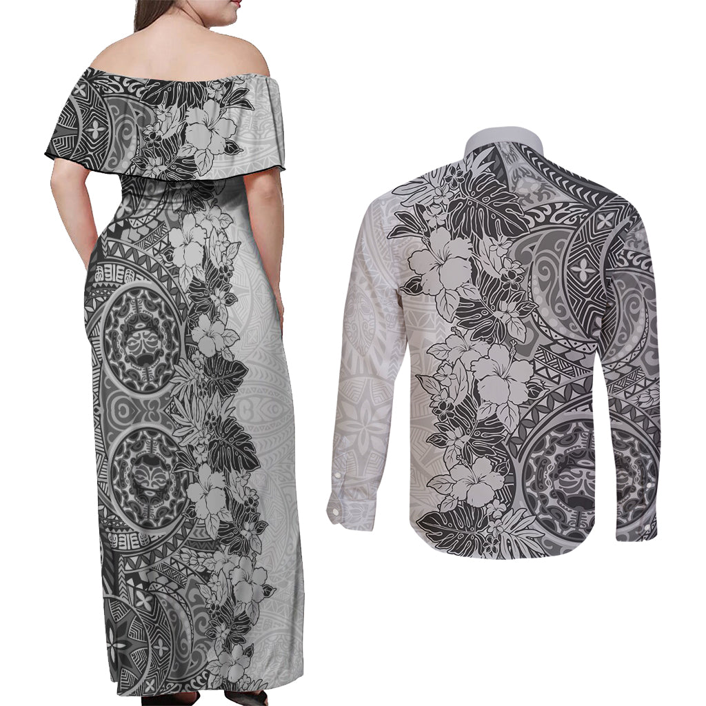 Polynesia Couples Matching Off Shoulder Maxi Dress and Long Sleeve Button Shirt Hibiscus and Hawaiian Tribal Tattoo Retro Style Gray Color LT9 - Polynesian Pride