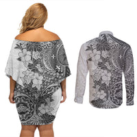 Polynesia Couples Matching Off Shoulder Short Dress and Long Sleeve Button Shirt Hibiscus and Hawaiian Tribal Tattoo Retro Style Gray Color LT9 - Polynesian Pride