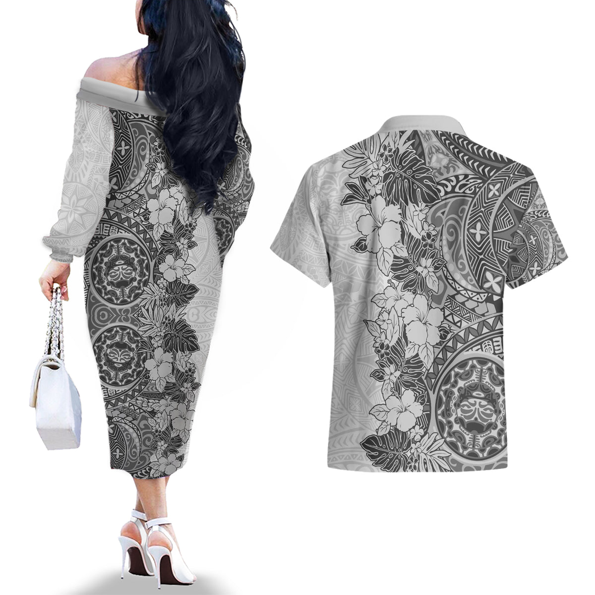 Polynesia Couples Matching Off The Shoulder Long Sleeve Dress and Hawaiian Shirt Hibiscus and Hawaiian Tribal Tattoo Retro Style Gray Color LT9 - Polynesian Pride
