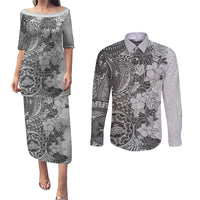 Polynesia Couples Matching Puletasi Dress and Long Sleeve Button Shirt Hibiscus and Hawaiian Tribal Tattoo Retro Style Gray Color LT9 Gray - Polynesian Pride