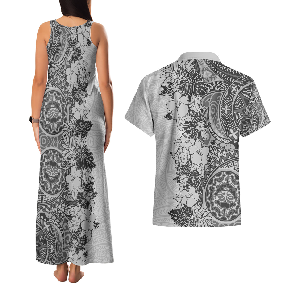 Polynesia Couples Matching Tank Maxi Dress and Hawaiian Shirt Hibiscus and Hawaiian Tribal Tattoo Retro Style Gray Color LT9 - Polynesian Pride