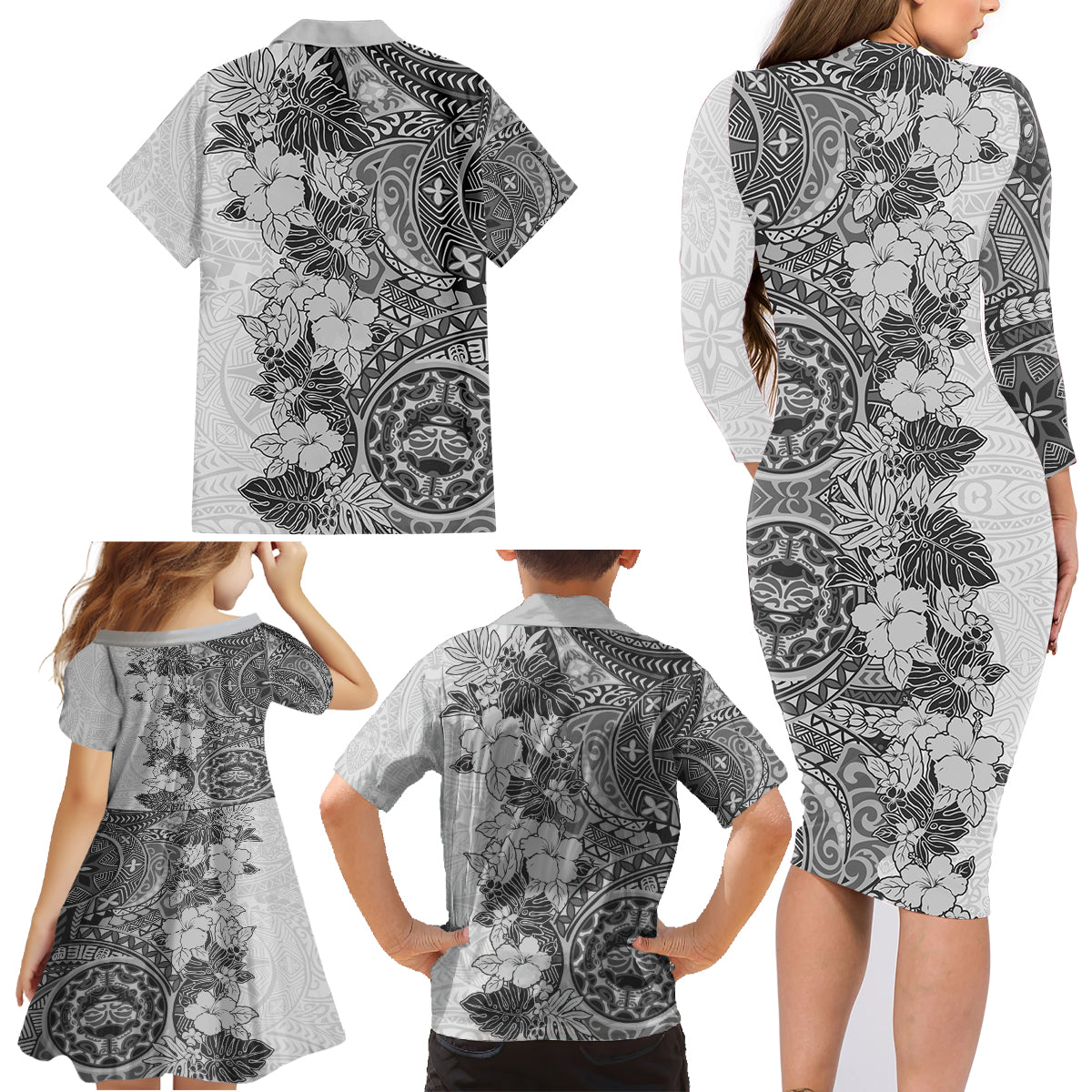 Polynesia Family Matching Long Sleeve Bodycon Dress and Hawaiian Shirt Hibiscus and Hawaiian Tribal Tattoo Retro Style Gray Color LT9 - Polynesian Pride