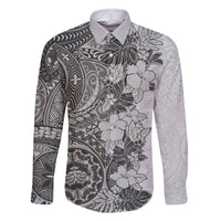 Polynesia Family Matching Long Sleeve Bodycon Dress and Hawaiian Shirt Hibiscus and Hawaiian Tribal Tattoo Retro Style Gray Color LT9 Dad's Shirt - Long Sleeve Gray - Polynesian Pride