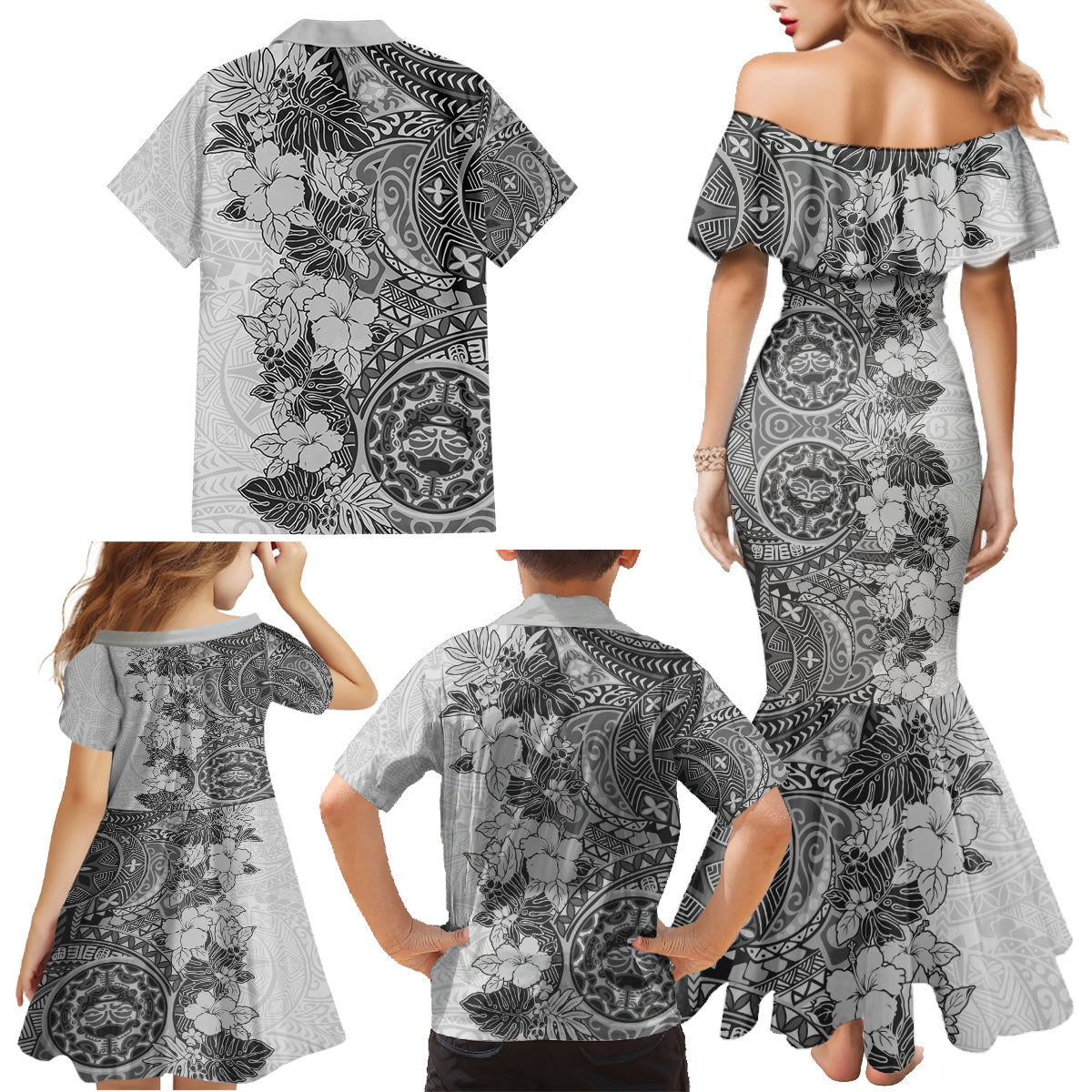 Polynesia Family Matching Mermaid Dress and Hawaiian Shirt Hibiscus and Hawaiian Tribal Tattoo Retro Style Gray Color LT9 - Polynesian Pride