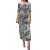Polynesia Family Matching Puletasi Dress and Hawaiian Shirt Hibiscus and Hawaiian Tribal Tattoo Retro Style Gray Color LT9 Mom's Dress Gray - Polynesian Pride