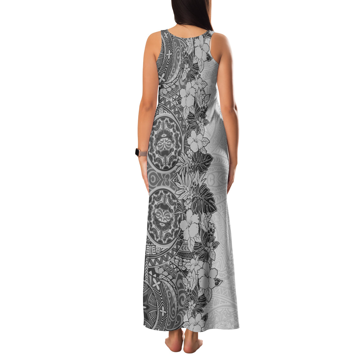 Polynesia Family Matching Tank Maxi Dress and Hawaiian Shirt Hibiscus and Hawaiian Tribal Tattoo Retro Style Gray Color LT9 - Polynesian Pride