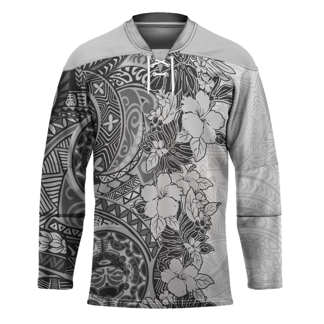 Polynesia Hockey Jersey Hibiscus Hawaiian Tribal Tattoo Retro Gray - Polynesian Pride