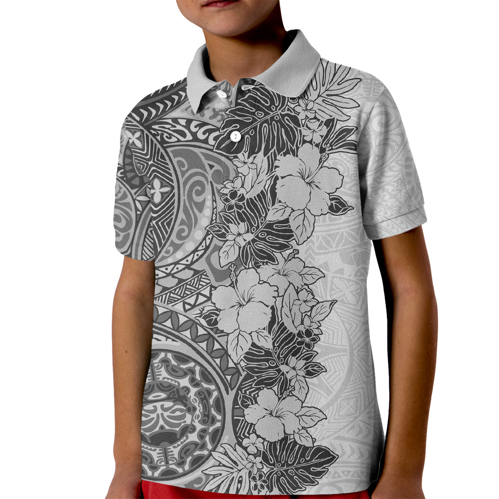 Polynesia Kid Polo Shirt Hibiscus and Hawaiian Tribal Tattoo Retro Style Gray Color LT9 Kid Gray - Polynesian Pride