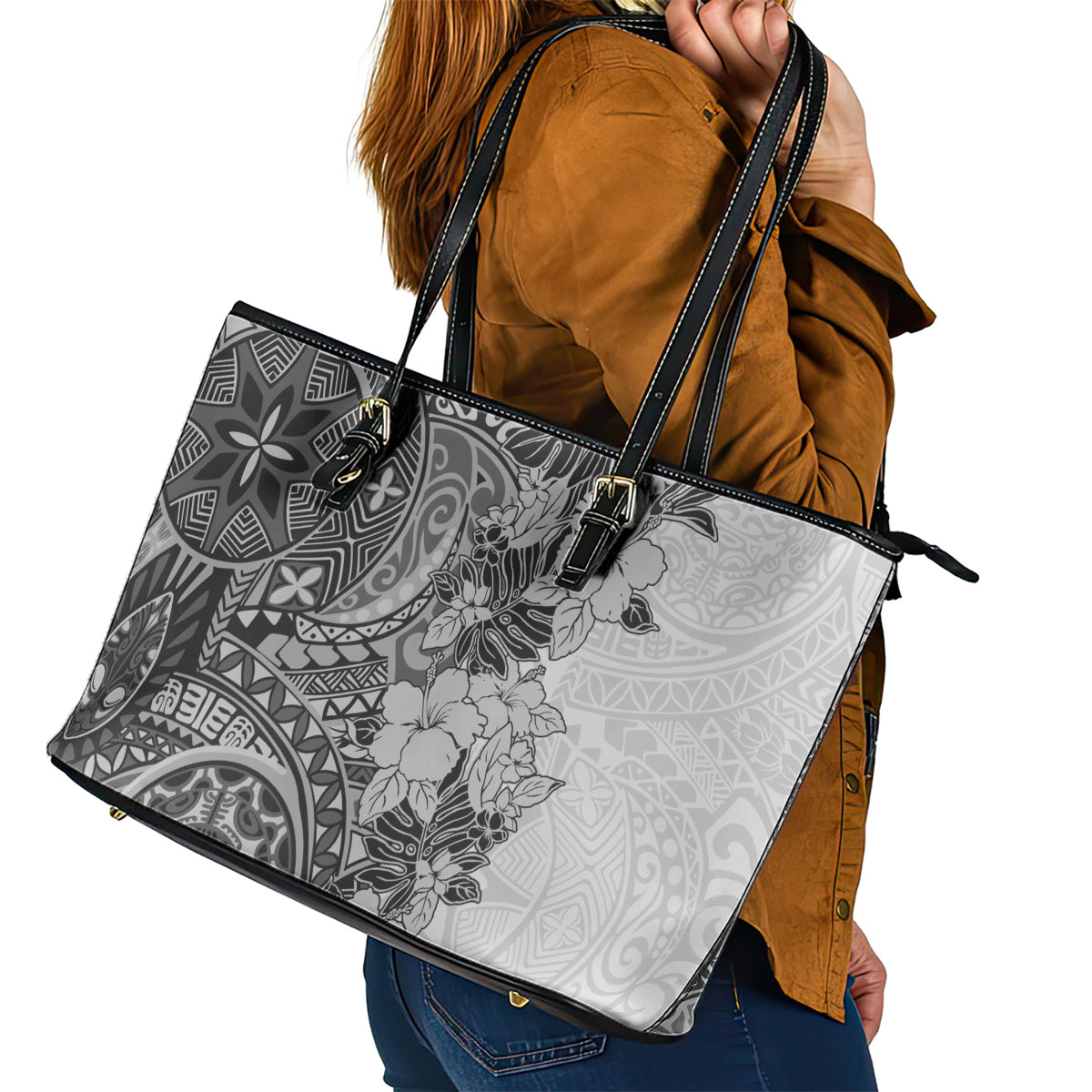 Polynesia Leather Tote Bag Hibiscus and Hawaiian Tribal Tattoo Retro Style Gray Color LT9 - Polynesian Pride