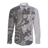 Polynesia Long Sleeve Button Shirt Hibiscus and Hawaiian Tribal Tattoo Retro Style Gray Color LT9 Unisex Gray - Polynesian Pride