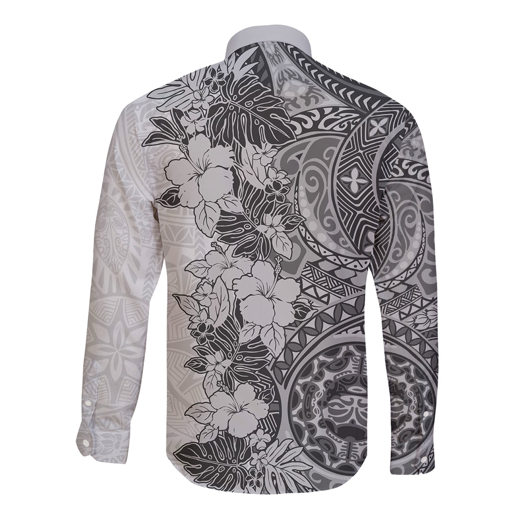 Polynesia Long Sleeve Button Shirt Hibiscus and Hawaiian Tribal Tattoo Retro Style Gray Color LT9 - Polynesian Pride