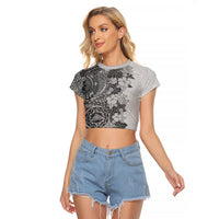 Polynesia Raglan Cropped T Shirt Hibiscus and Hawaiian Tribal Tattoo Retro Style Gray Color LT9 Female Gray - Polynesian Pride