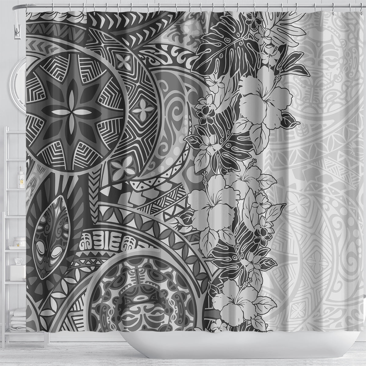 Polynesia Shower Curtain Hibiscus and Hawaiian Tribal Tattoo Retro Style Gray Color LT9 - Polynesian Pride