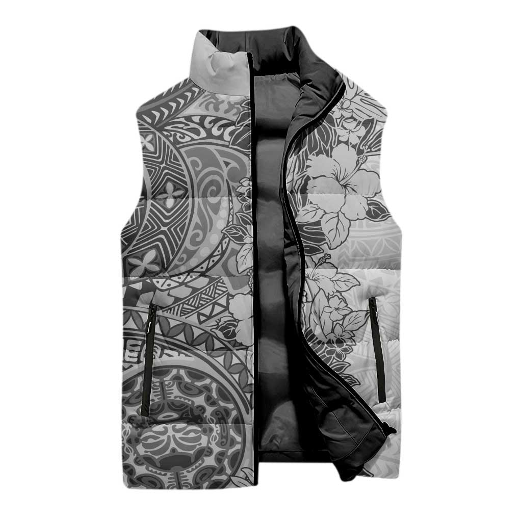 Polynesia Sleeveless Puffer Jacket Hibiscus Hawaiian Tribal Tattoo Retro Gray - Polynesian Pride