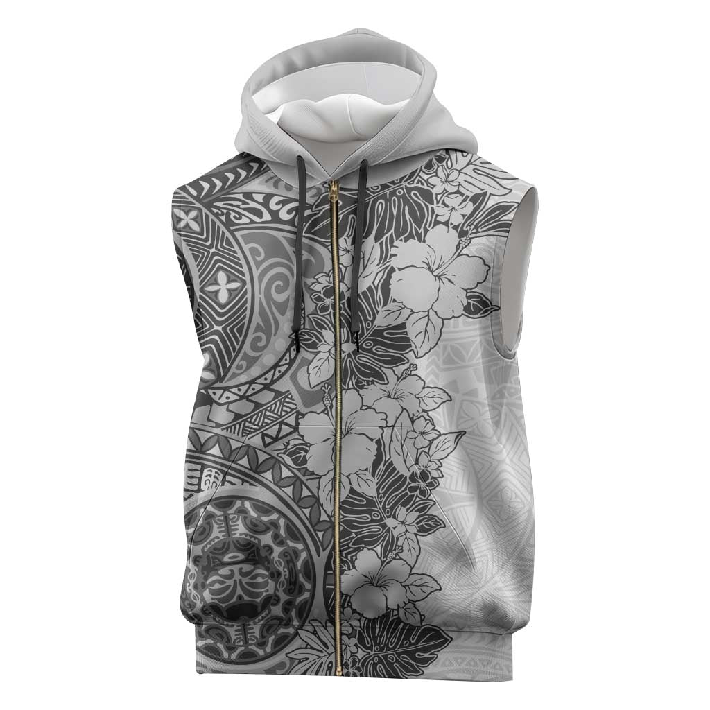 Polynesia Sleeveless Zip Hoodie Hibiscus Hawaiian Tribal Tattoo Retro Gray - Polynesian Pride