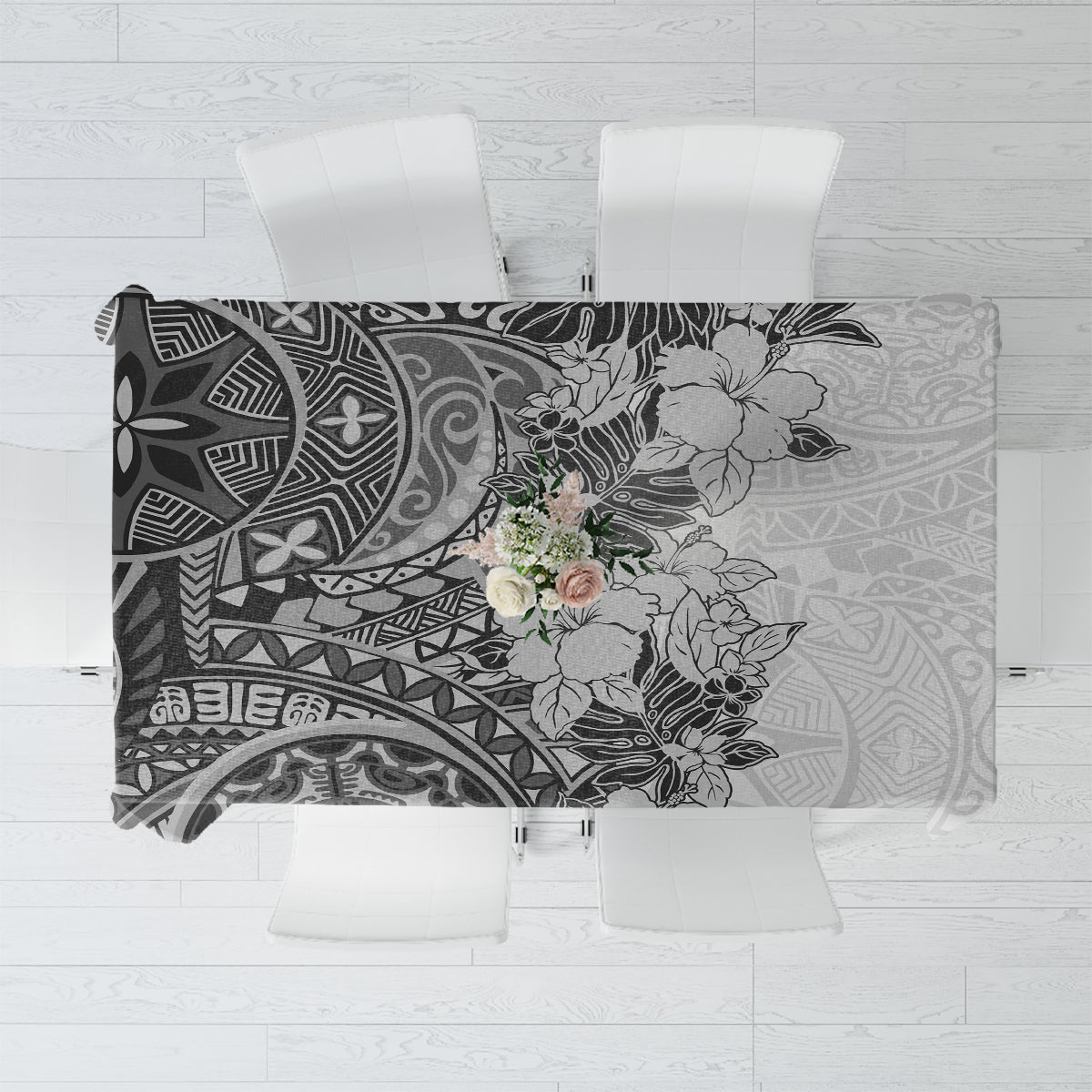 Polynesia Tablecloth Hibiscus and Hawaiian Tribal Tattoo Retro Style Gray Color LT9 Gray - Polynesian Pride