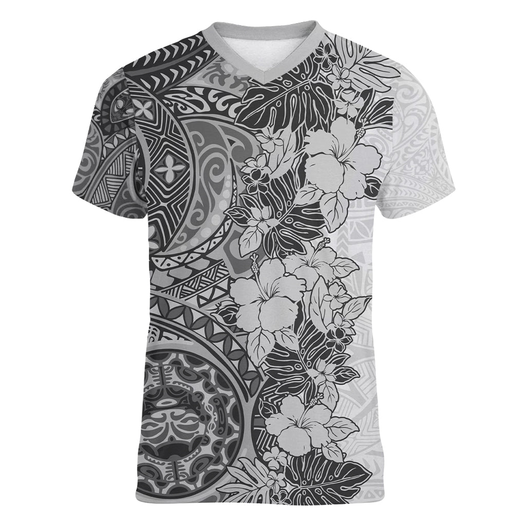 Polynesia Women V Neck T Shirt Hibiscus and Hawaiian Tribal Tattoo Retro Style Gray Color LT9 Female Gray - Polynesian Pride