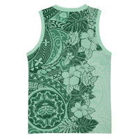 Polynesia Basketball Jersey Hibiscus Hawaiian Tribal Tattoo Retro Green - Polynesian Pride