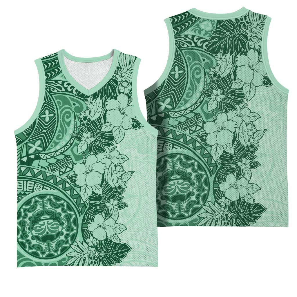 Polynesia Basketball Jersey Hibiscus Hawaiian Tribal Tattoo Retro Green - Polynesian Pride