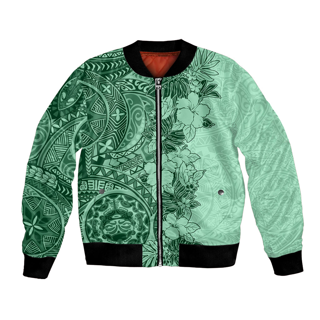 Polynesia Bomber Jacket Hibiscus and Hawaiian Tribal Tattoo Retro Style Green Color LT9 Unisex Green - Polynesian Pride
