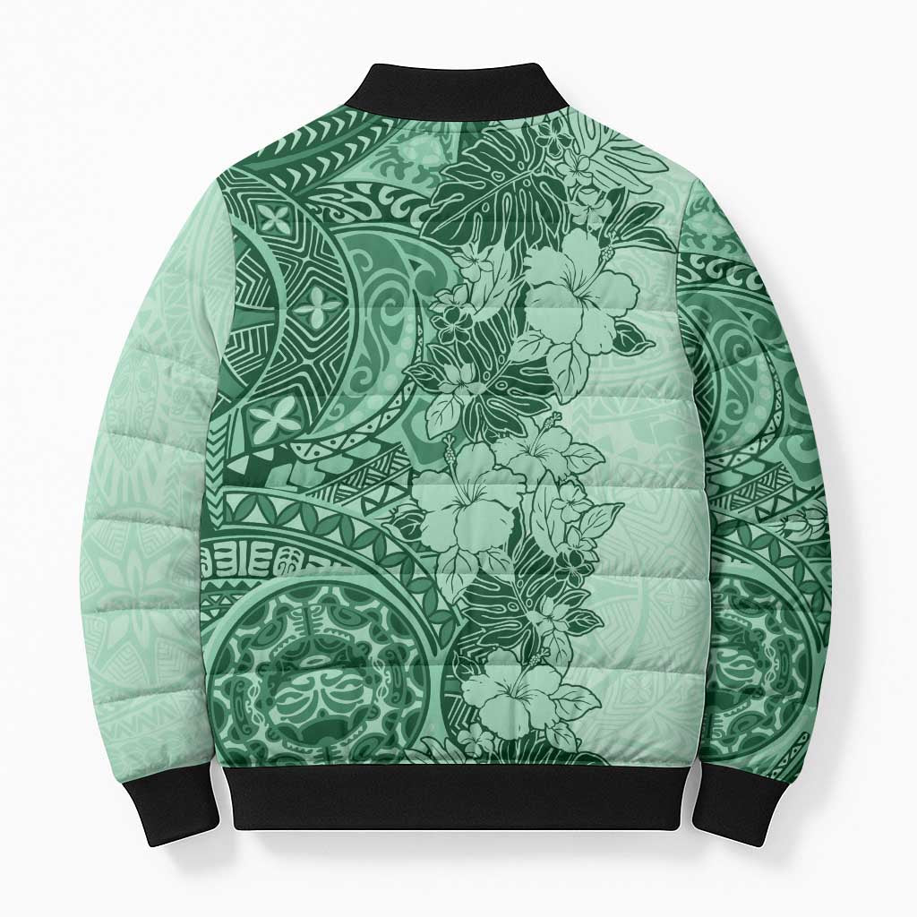 Polynesia Bomber Puffer Jacket Hibiscus Hawaiian Tribal Tattoo Retro Green - Polynesian Pride