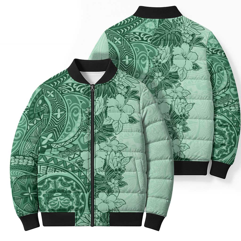 Polynesia Bomber Puffer Jacket Hibiscus Hawaiian Tribal Tattoo Retro Green - Polynesian Pride