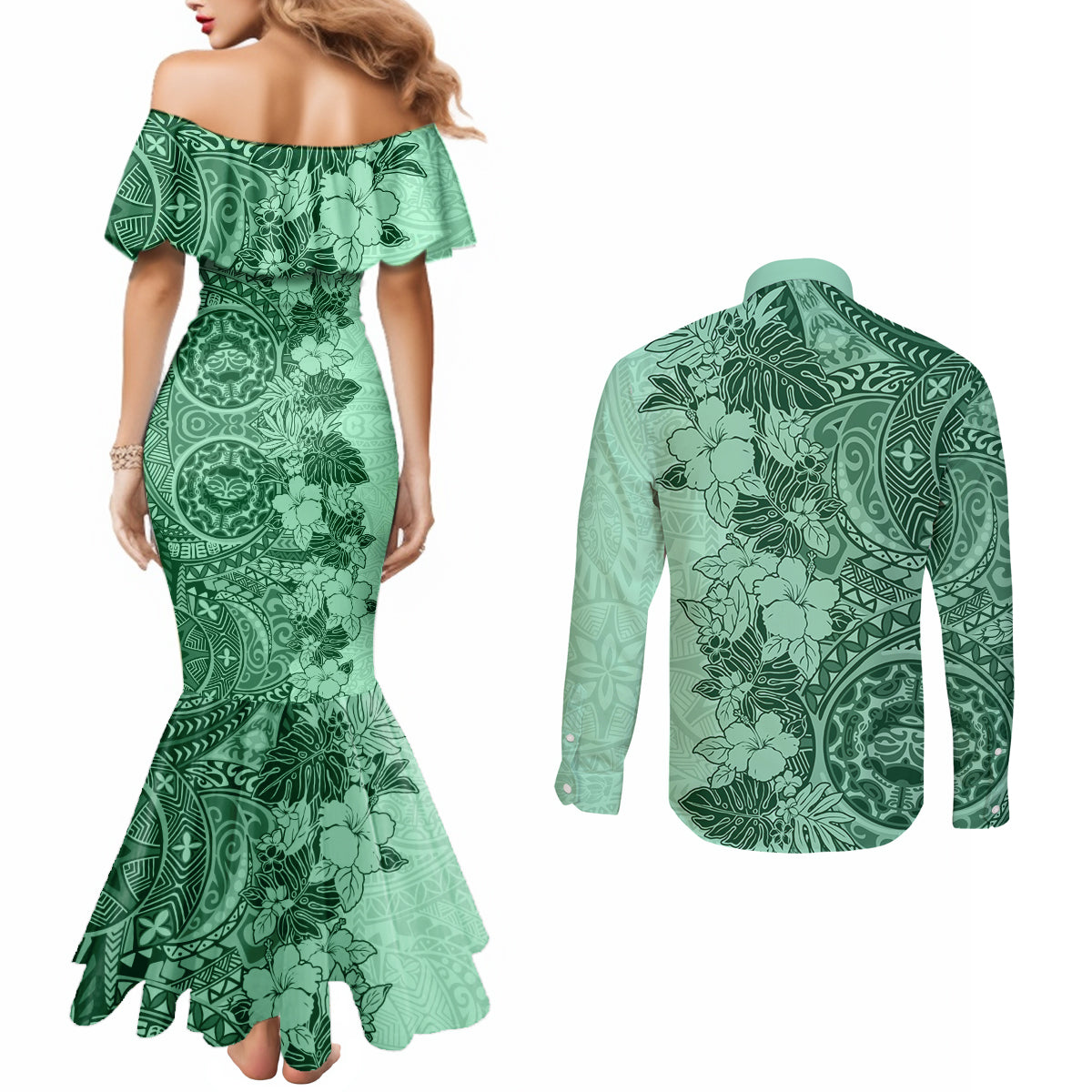 Polynesia Couples Matching Mermaid Dress and Long Sleeve Button Shirt Hibiscus and Hawaiian Tribal Tattoo Retro Style Green Color LT9 - Polynesian Pride