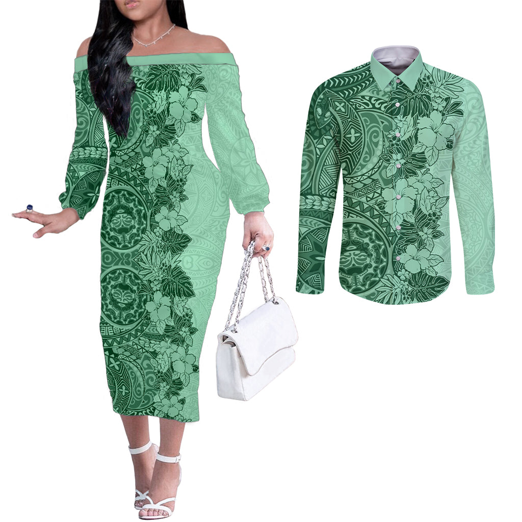 Polynesia Couples Matching Off The Shoulder Long Sleeve Dress and Long Sleeve Button Shirt Hibiscus and Hawaiian Tribal Tattoo Retro Style Green Color LT9 Green - Polynesian Pride