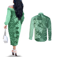 Polynesia Couples Matching Off The Shoulder Long Sleeve Dress and Long Sleeve Button Shirt Hibiscus and Hawaiian Tribal Tattoo Retro Style Green Color LT9 - Polynesian Pride
