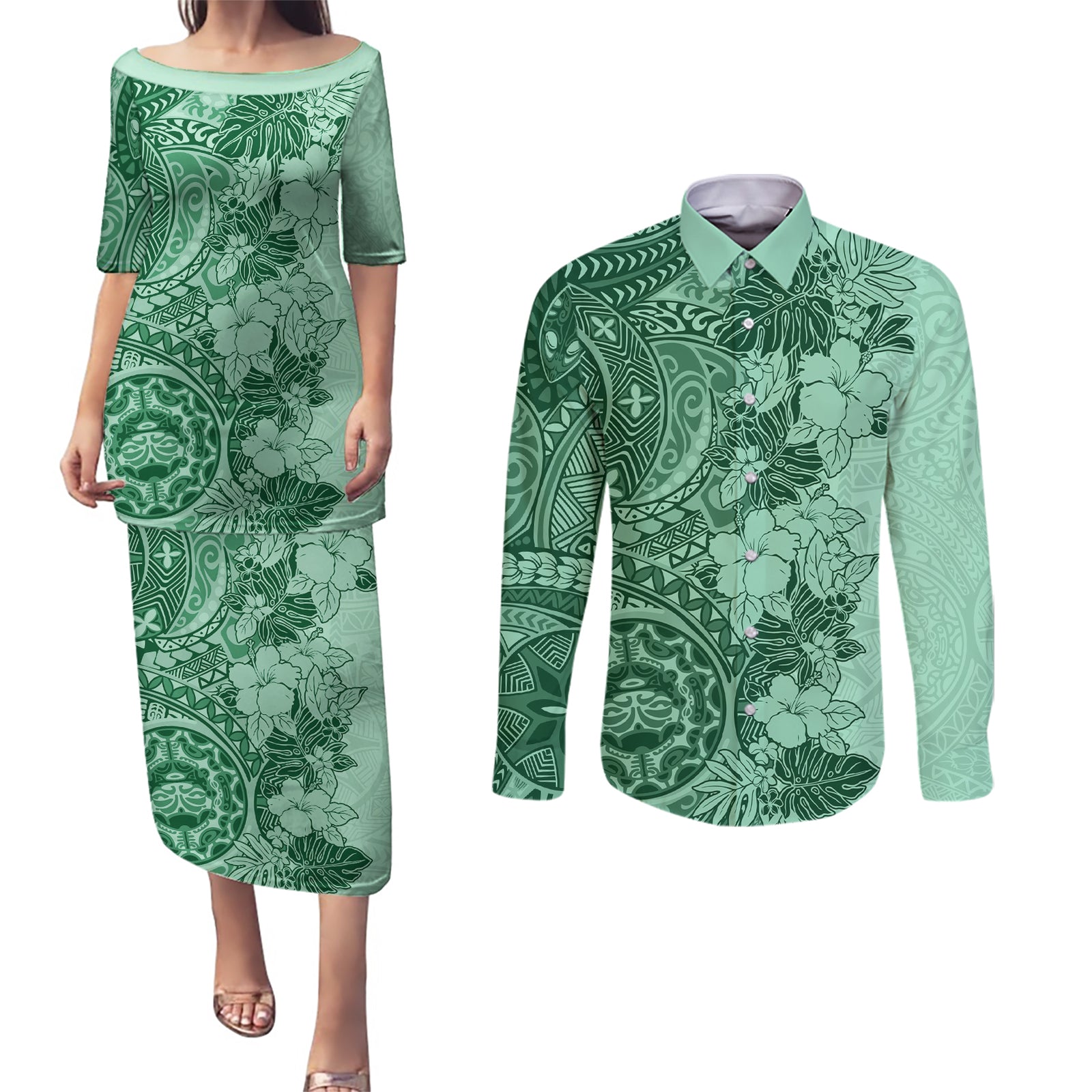 Polynesia Couples Matching Puletasi Dress and Long Sleeve Button Shirt Hibiscus and Hawaiian Tribal Tattoo Retro Style Green Color LT9 Green - Polynesian Pride