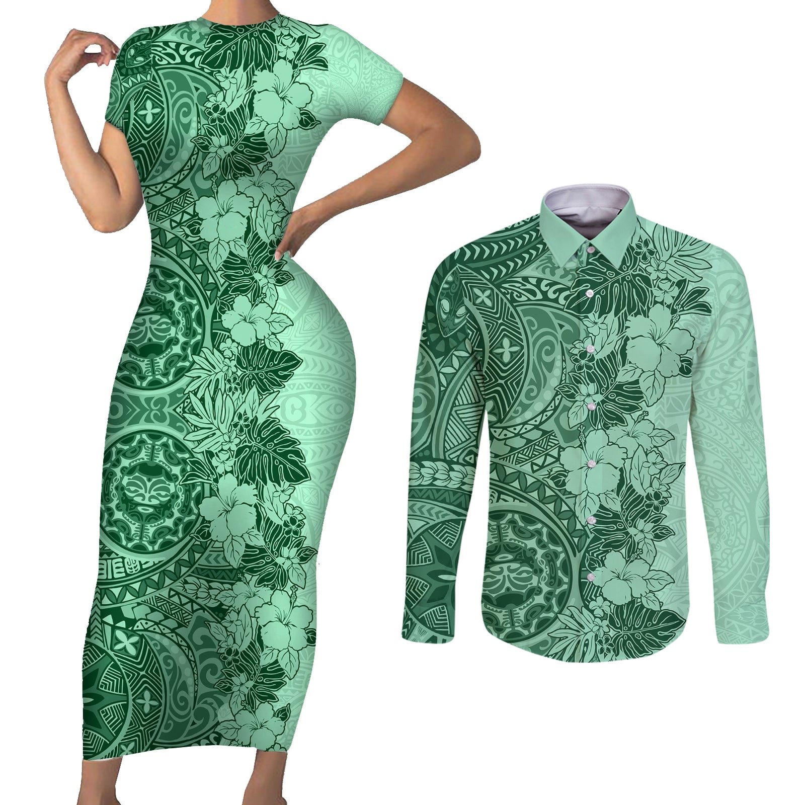 Polynesia Couples Matching Short Sleeve Bodycon Dress and Long Sleeve Button Shirt Hibiscus and Hawaiian Tribal Tattoo Retro Style Green Color LT9 Green - Polynesian Pride