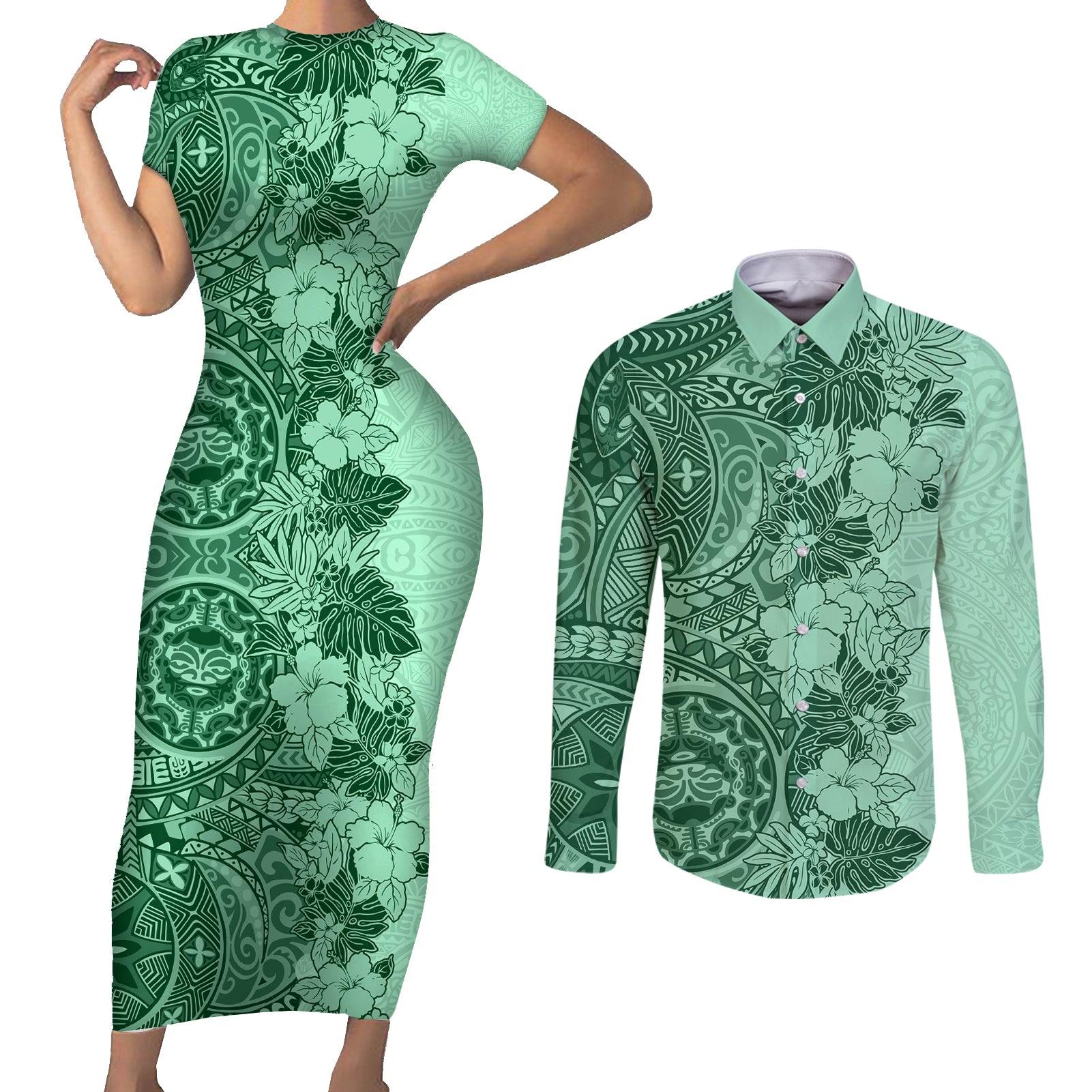 Polynesia Couples Matching Short Sleeve Bodycon Dress and Long Sleeve Button Shirt Hibiscus and Hawaiian Tribal Tattoo Retro Style Green Color LT9 Green - Polynesian Pride