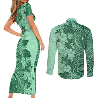 Polynesia Couples Matching Short Sleeve Bodycon Dress and Long Sleeve Button Shirt Hibiscus and Hawaiian Tribal Tattoo Retro Style Green Color LT9 - Polynesian Pride