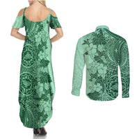 Polynesia Couples Matching Summer Maxi Dress and Long Sleeve Button Shirt Hibiscus and Hawaiian Tribal Tattoo Retro Style Green Color LT9 - Polynesian Pride