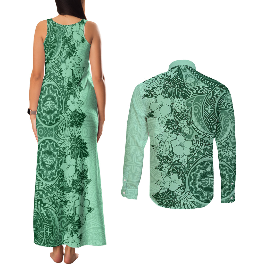 Polynesia Couples Matching Tank Maxi Dress and Long Sleeve Button Shirt Hibiscus and Hawaiian Tribal Tattoo Retro Style Green Color LT9 - Polynesian Pride