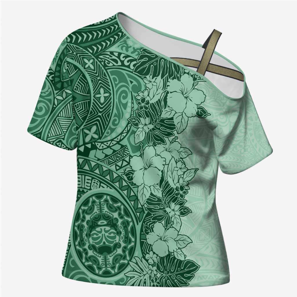 Polynesia Cross Shoulder Shirt Hibiscus Hawaiian Tribal Tattoo Retro Green - Polynesian Pride