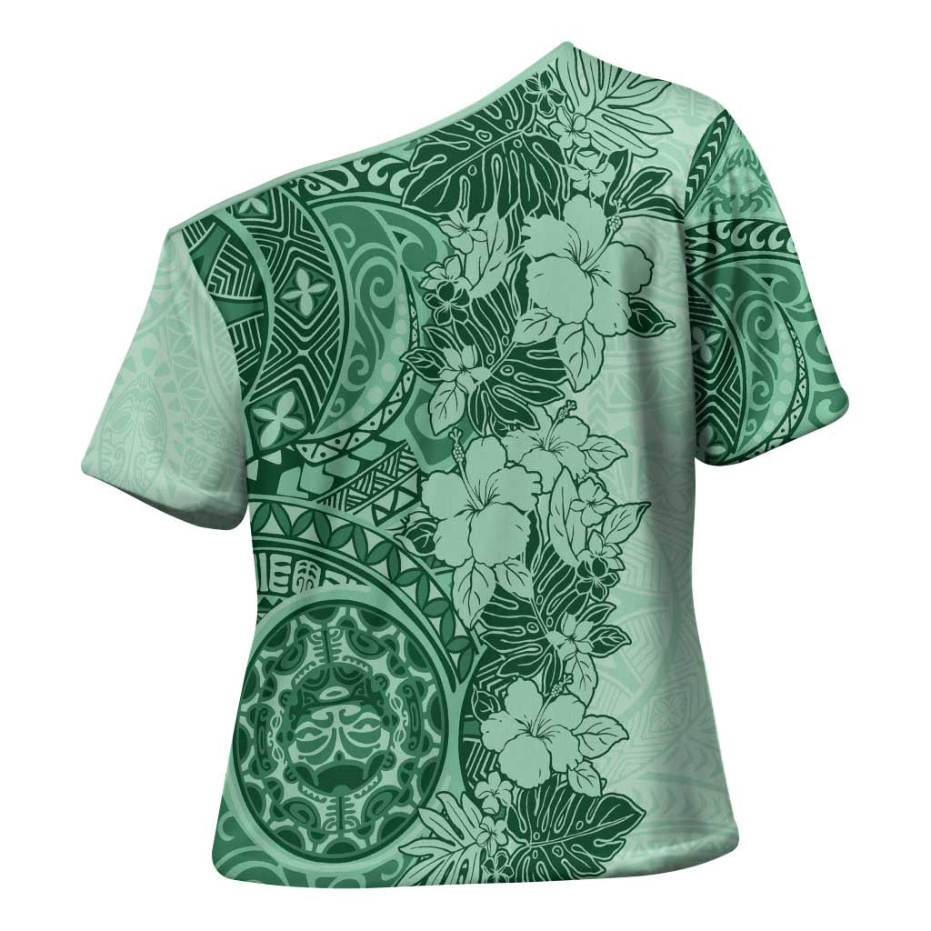 Polynesia Cross Shoulder Shirt Hibiscus Hawaiian Tribal Tattoo Retro Green - Polynesian Pride
